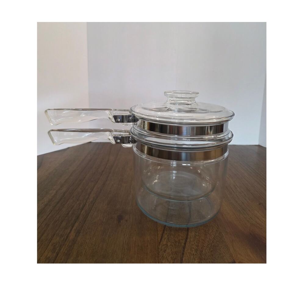 VTG Pyrex 6283 Flamewear 3pc Glass Double Boiler Pot Set w/Lid 1.5 Quart Clear